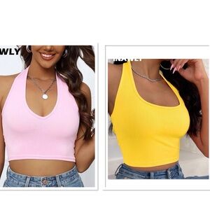 Women's Halter Crop Tops - Pink and Yellow